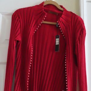 Belldini Sweater Large Red Cardigan Rhinestone Zipper Ribbed Knit Fitted Womens